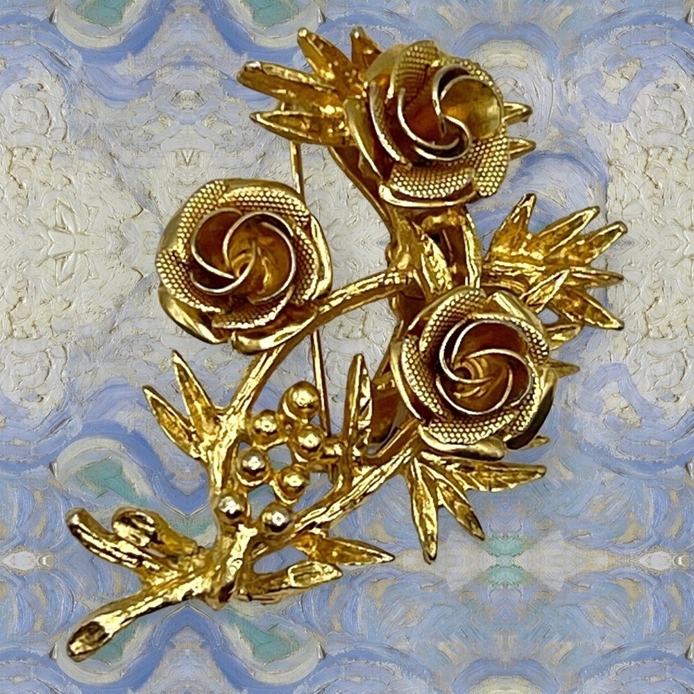 Vintage Signed Coro Gold Roses Brooch